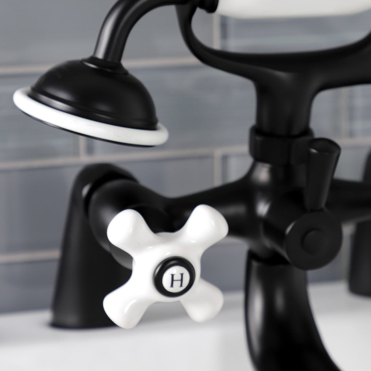 Kingston KS227PXMB Three-Handle 2-Hole Deck Mount Clawfoot Tub Faucet with Hand Shower, Matte Black