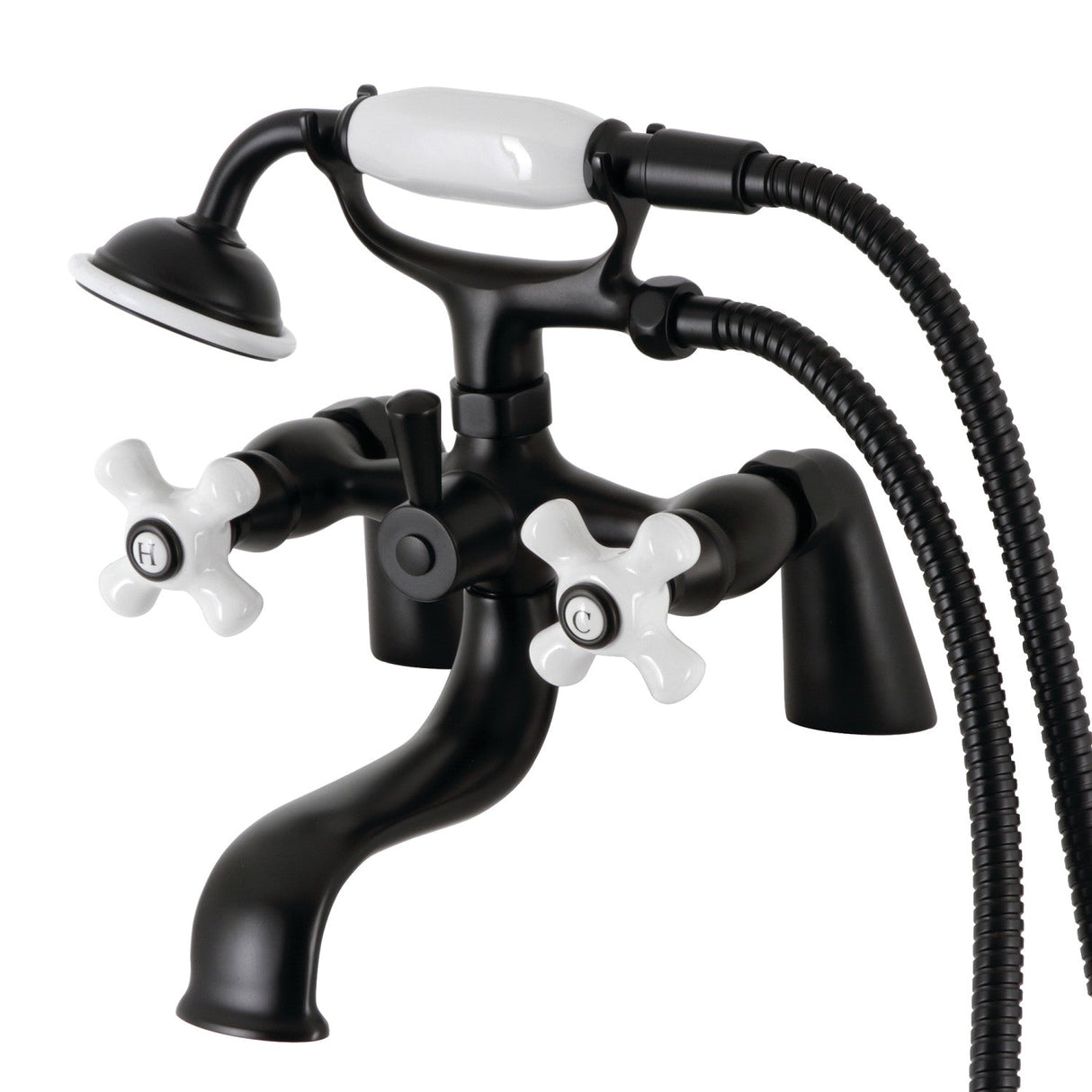 Kingston KS227PXMB Three-Handle 2-Hole Deck Mount Clawfoot Tub Faucet with Hand Shower, Matte Black