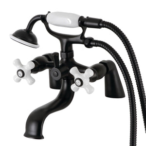 Kingston KS227PXMB Three-Handle 2-Hole Deck Mount Clawfoot Tub Faucet with Hand Shower, Matte Black