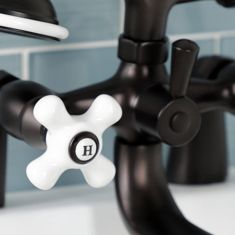 Kingston KS227PXORB Three-Handle 2-Hole Deck Mount Clawfoot Tub Faucet with Hand Shower, Oil Rubbed Bronze