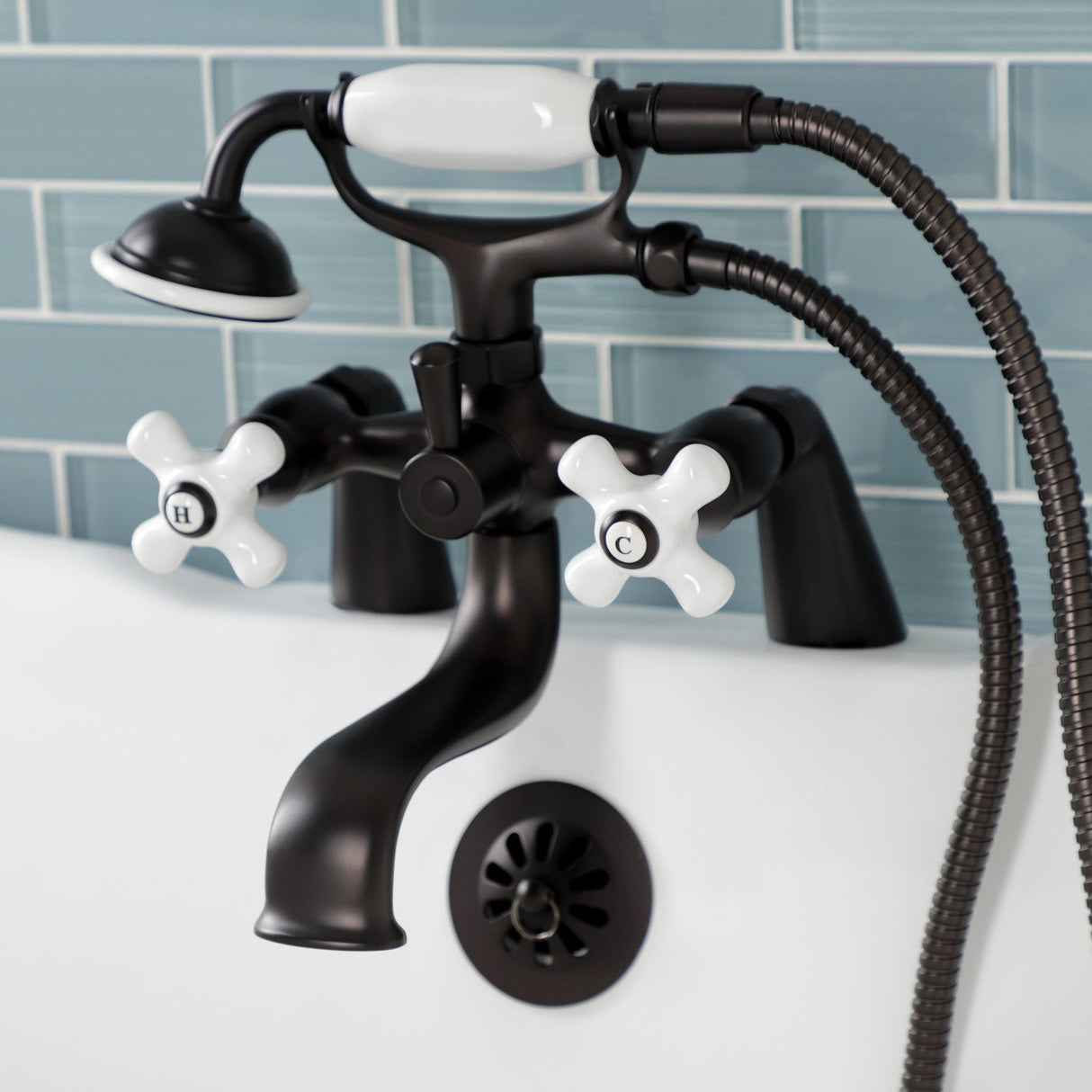 Kingston KS227PXORB Three-Handle 2-Hole Deck Mount Clawfoot Tub Faucet with Hand Shower, Oil Rubbed Bronze