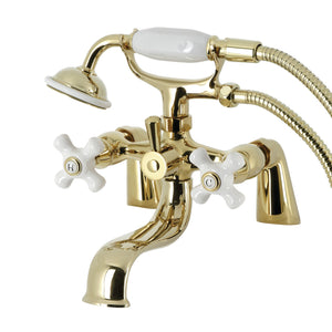 Kingston KS227PXPB Three-Handle 2-Hole Deck Mount Clawfoot Tub Faucet with Hand Shower, Polished Brass