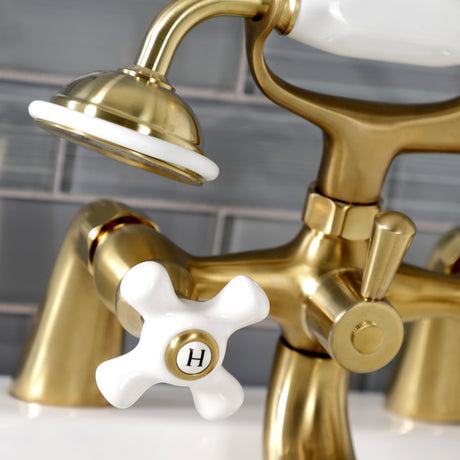 Kingston KS227PXSB Three-Handle 2-Hole Deck Mount Clawfoot Tub Faucet with Hand Shower, Brushed Brass