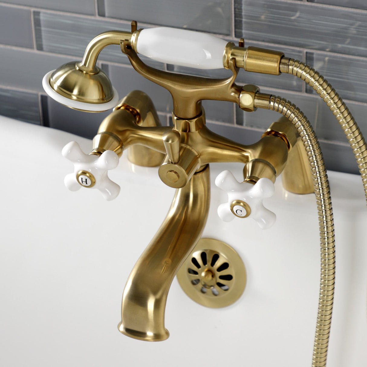 Kingston KS227PXSB Three-Handle 2-Hole Deck Mount Clawfoot Tub Faucet with Hand Shower, Brushed Brass
