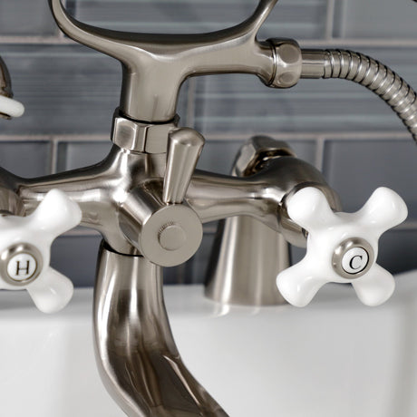 Kingston KS227PXSN Three-Handle 2-Hole Deck Mount Clawfoot Tub Faucet with Hand Shower, Brushed Nickel