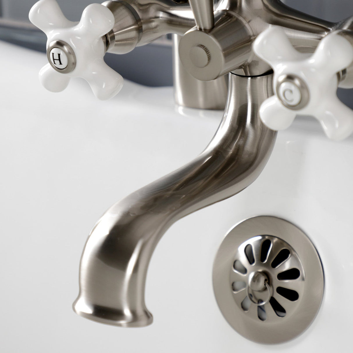 Kingston KS227PXSN Three-Handle 2-Hole Deck Mount Clawfoot Tub Faucet with Hand Shower, Brushed Nickel