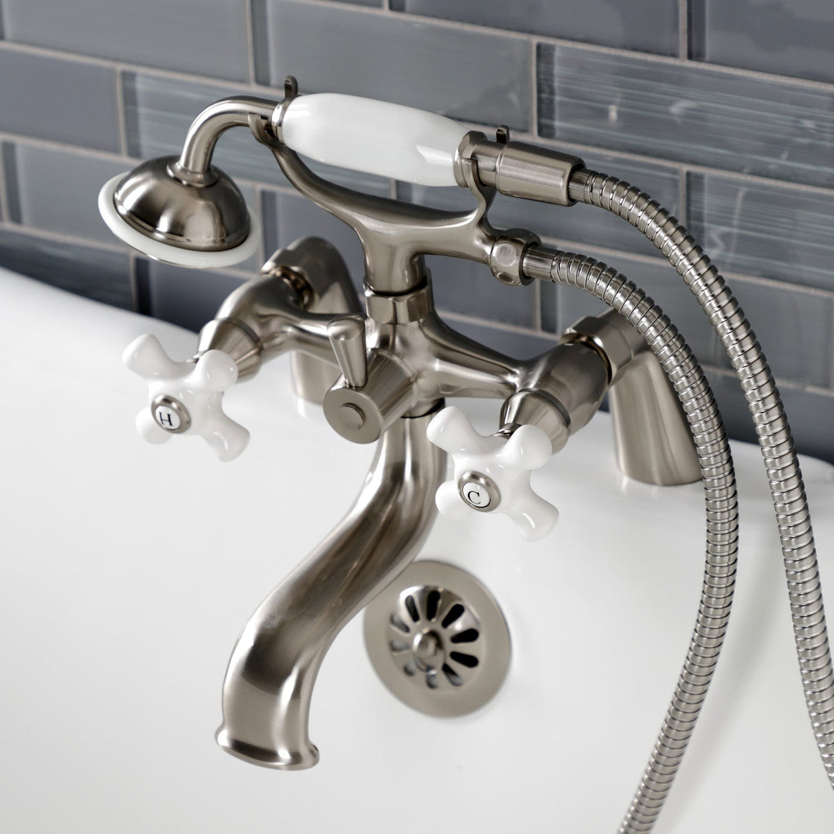 Kingston KS227PXSN Three-Handle 2-Hole Deck Mount Clawfoot Tub Faucet with Hand Shower, Brushed Nickel