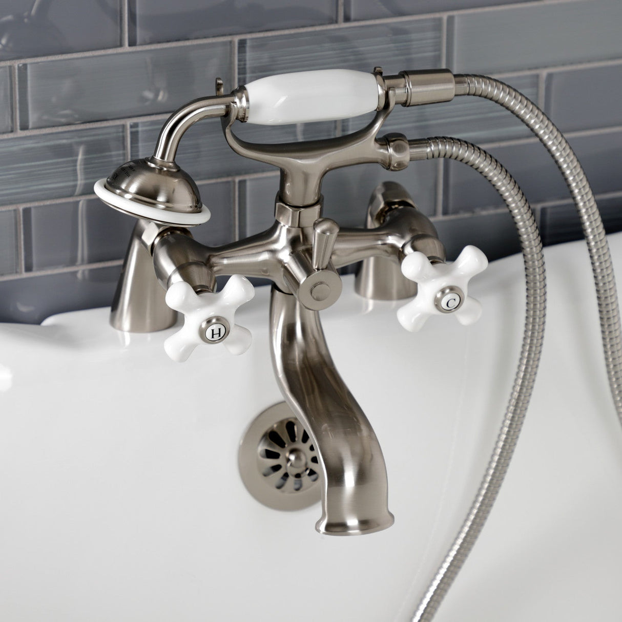 Kingston KS227PXSN Three-Handle 2-Hole Deck Mount Clawfoot Tub Faucet with Hand Shower, Brushed Nickel