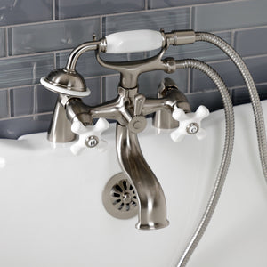 Kingston KS227PXSN Three-Handle 2-Hole Deck Mount Clawfoot Tub Faucet with Hand Shower, Brushed Nickel