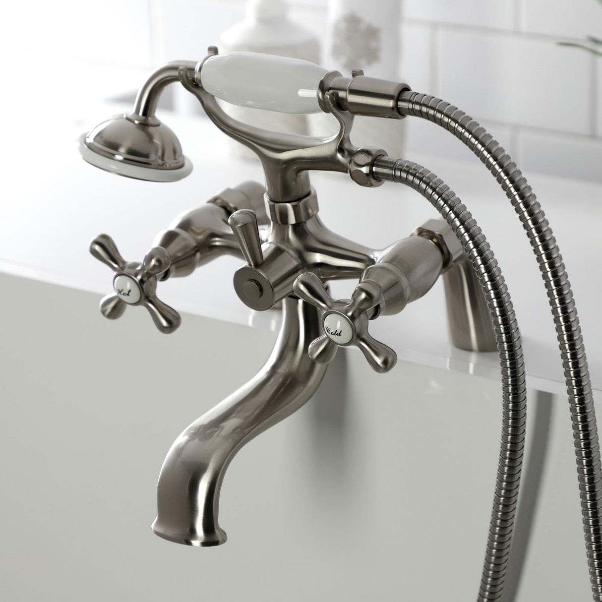 Kingston KS227SN Three-Handle 2-Hole Deck Mount Clawfoot Tub Faucet with Handshower, Brushed Nickel