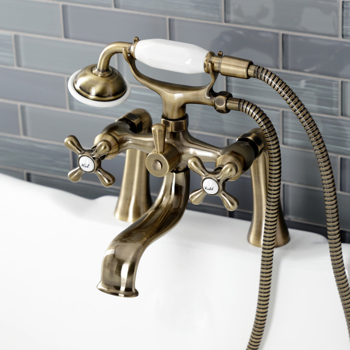 Kingston KS228AB Three-Handle 2-Hole Deck Mount Clawfoot Tub Faucet with Handshower, Antique Brass