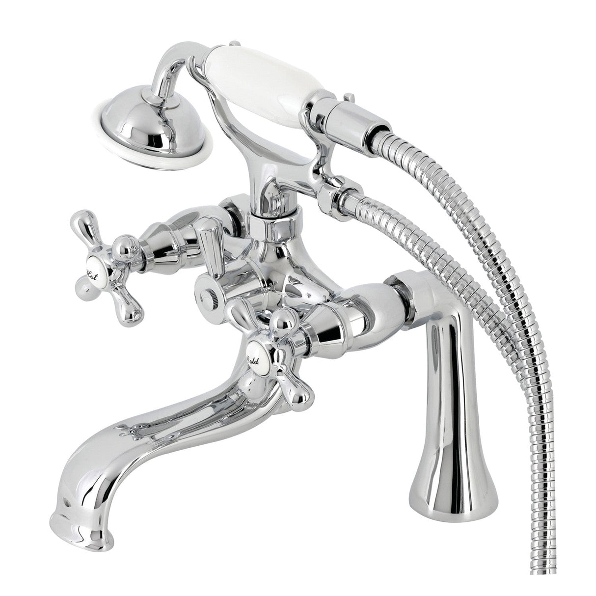 Kingston KS228C Three-Handle 2-Hole Deck Mount Clawfoot Tub Faucet with Handshower, Polished Chrome