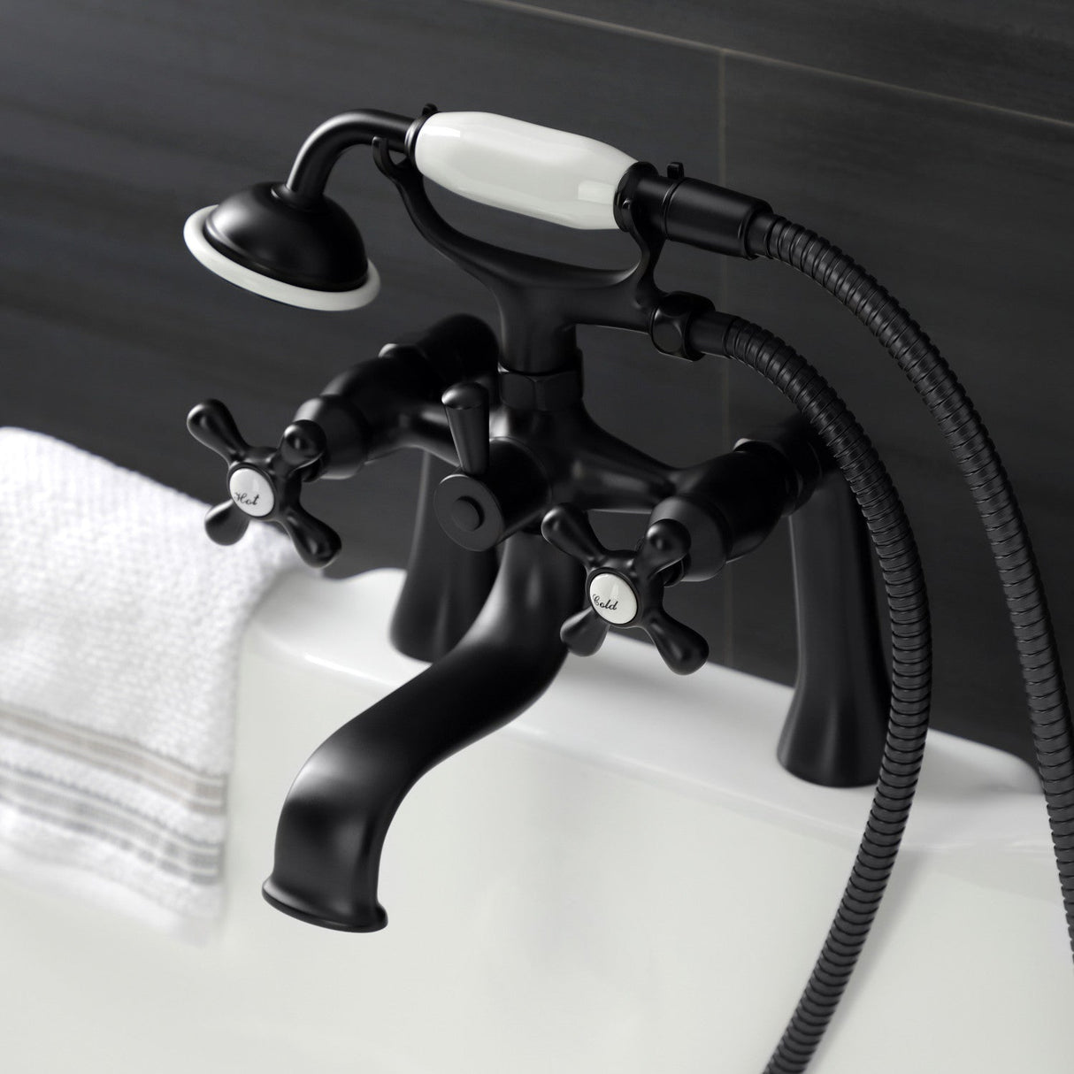 Kingston KS228MB Three-Handle 2-Hole Deck Mount Clawfoot Tub Faucet with Handshower, Matte Black