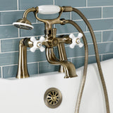 Kingston KS228PXAB Three-Handle 2-Hole Deck Mount Clawfoot Tub Faucet with Hand Shower, Antique Brass