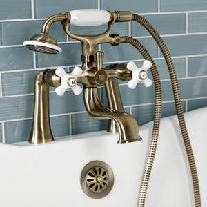 Kingston KS228PXAB Three-Handle 2-Hole Deck Mount Clawfoot Tub Faucet with Hand Shower, Antique Brass