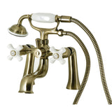 Kingston KS228PXAB Three-Handle 2-Hole Deck Mount Clawfoot Tub Faucet with Hand Shower, Antique Brass