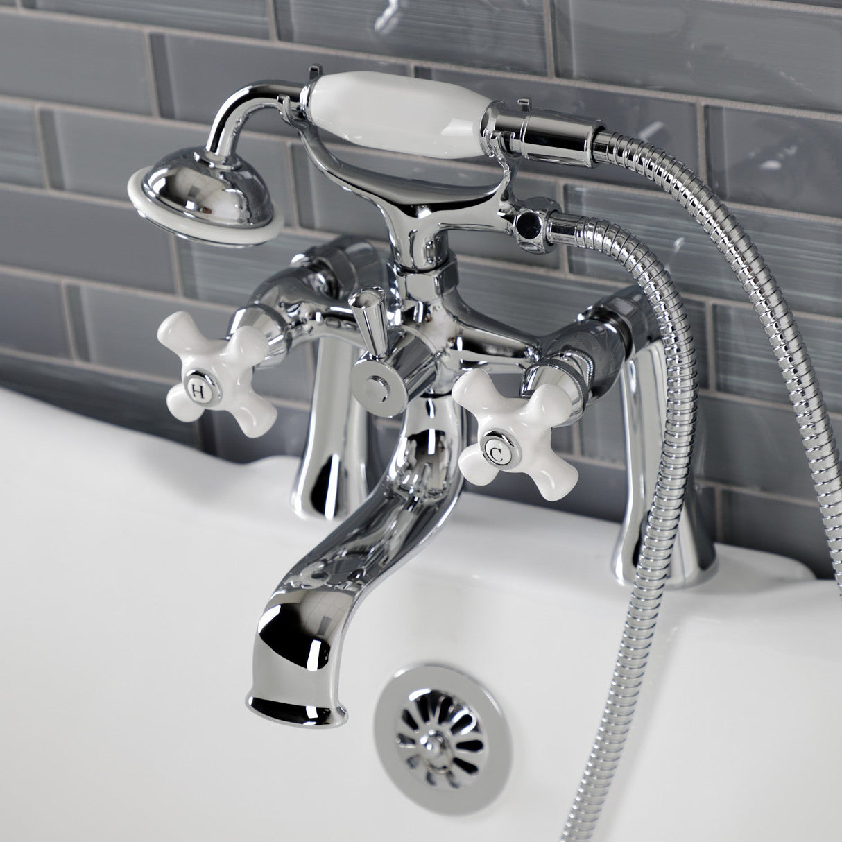 Kingston KS228PXC Three-Handle 2-Hole Deck Mount Clawfoot Tub Faucet with Hand Shower, Polished Chrome