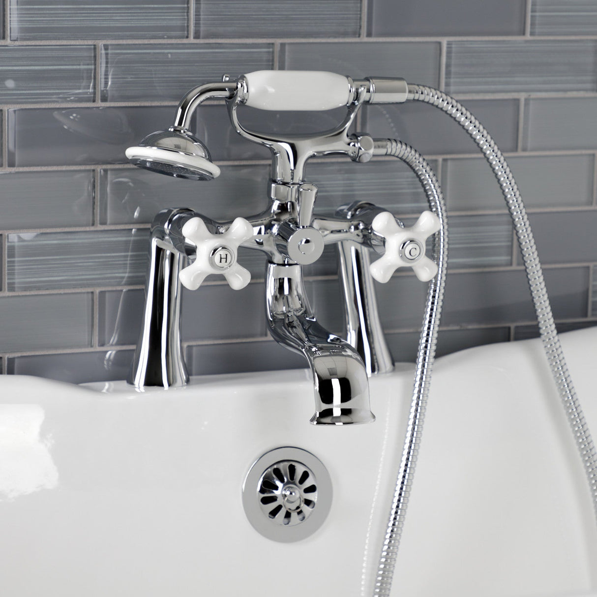 Kingston KS228PXC Three-Handle 2-Hole Deck Mount Clawfoot Tub Faucet with Hand Shower, Polished Chrome