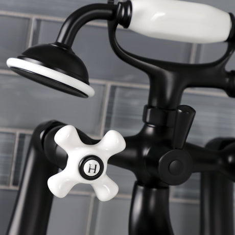 Kingston KS228PXMB Three-Handle 2-Hole Deck Mount Clawfoot Tub Faucet with Hand Shower, Matte Black
