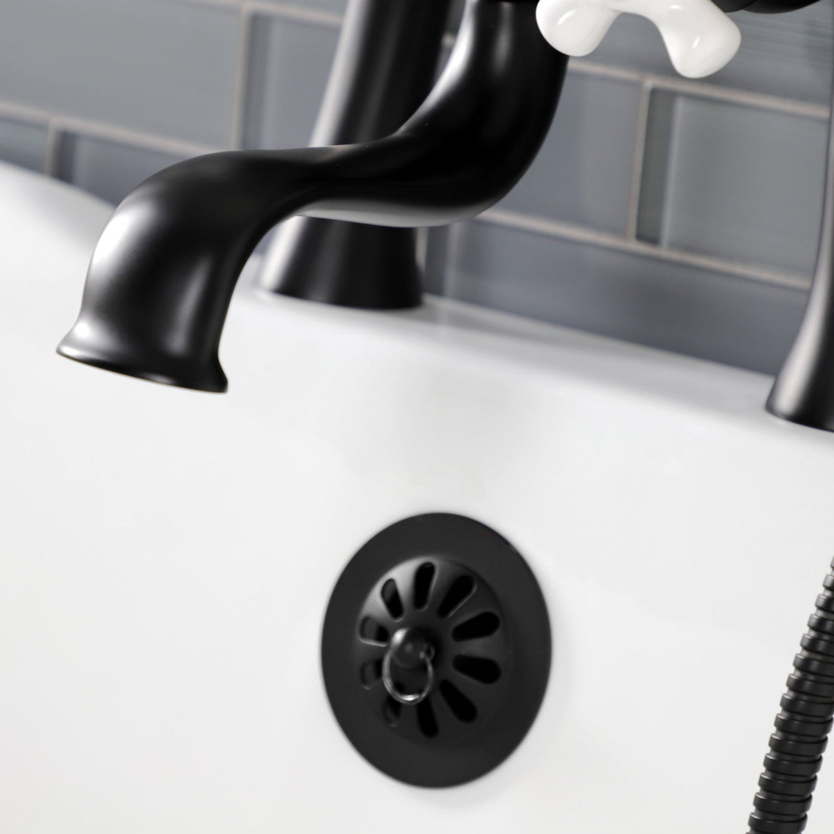 Kingston KS228PXMB Three-Handle 2-Hole Deck Mount Clawfoot Tub Faucet with Hand Shower, Matte Black