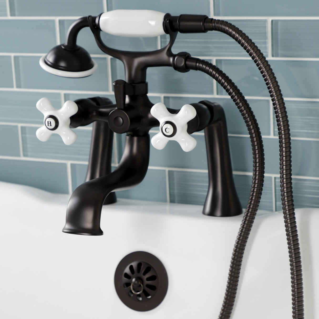 Kingston KS228PXORB Three-Handle 2-Hole Deck Mount Clawfoot Tub Faucet with Hand Shower, Oil Rubbed Bronze