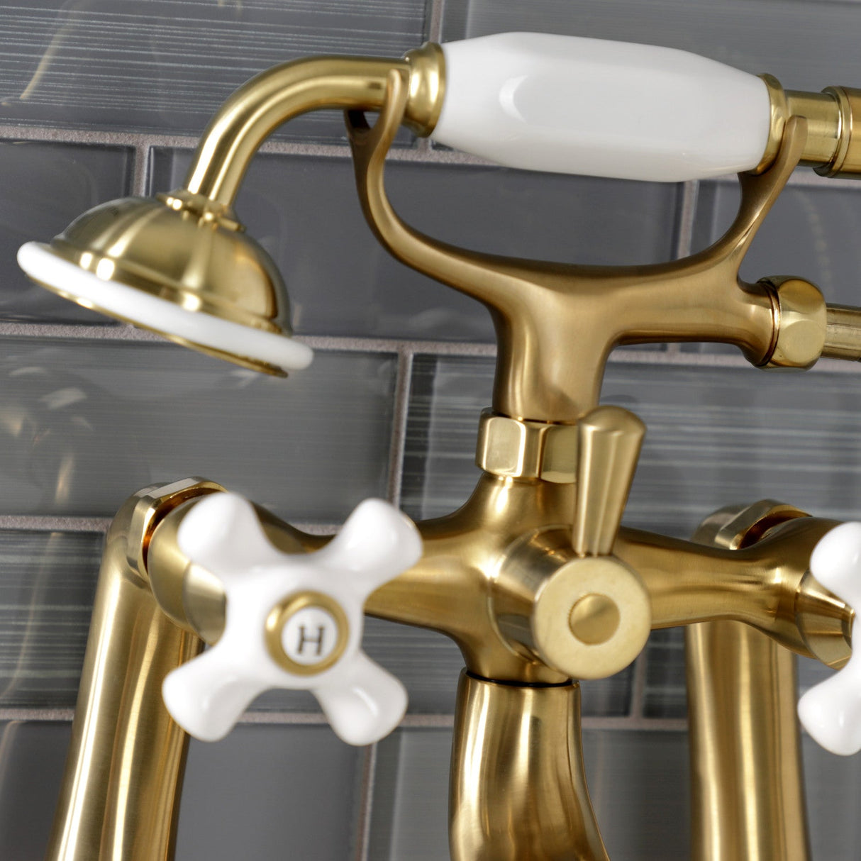 Kingston KS228PXSB Three-Handle 2-Hole Deck Mount Clawfoot Tub Faucet with Hand Shower, Brushed Brass