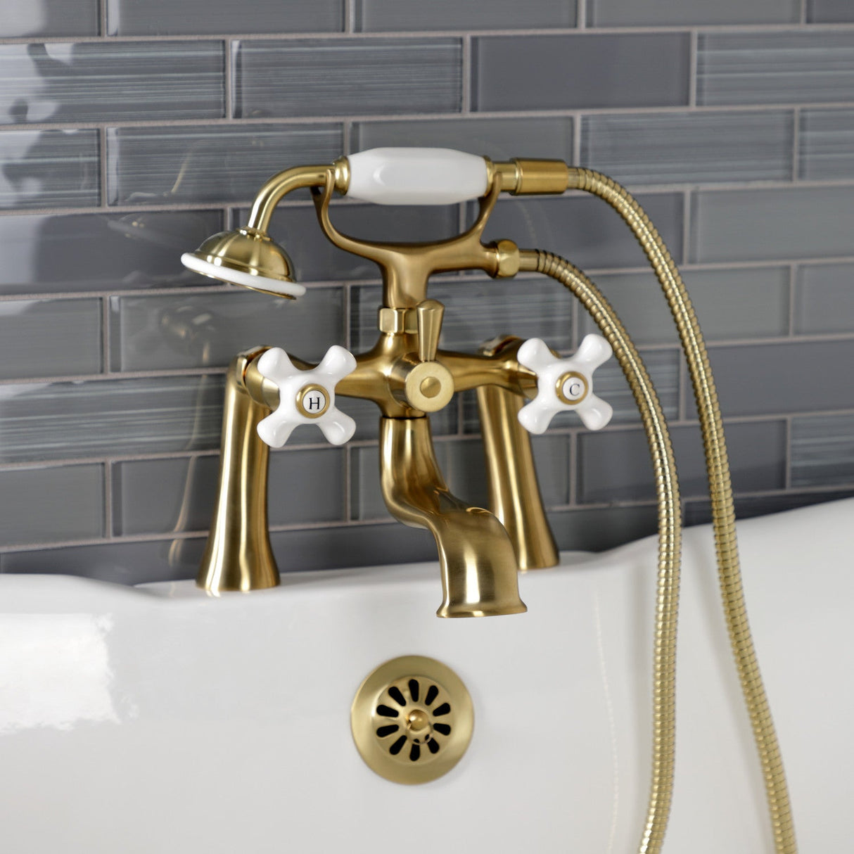 Kingston KS228PXSB Three-Handle 2-Hole Deck Mount Clawfoot Tub Faucet with Hand Shower, Brushed Brass