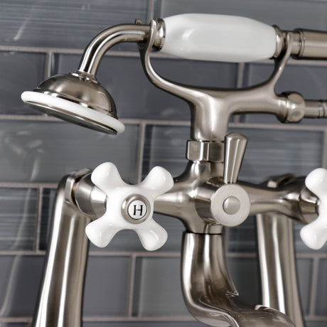 Kingston KS228PXSN Three-Handle 2-Hole Deck Mount Clawfoot Tub Faucet with Hand Shower, Brushed Nickel
