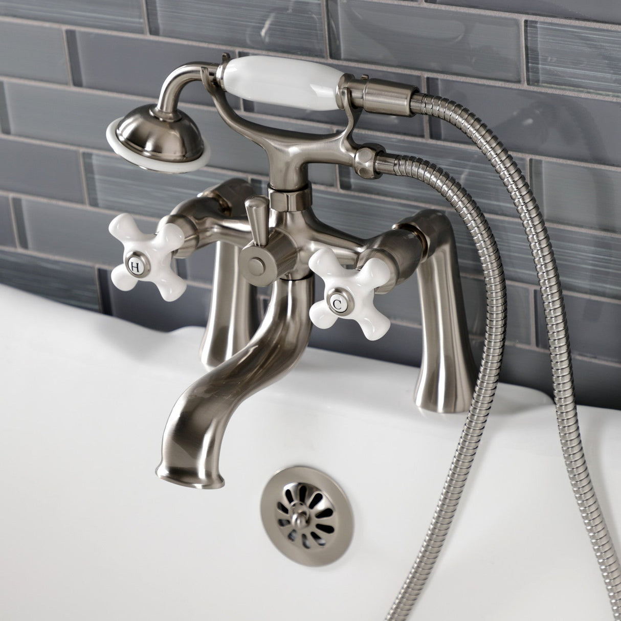 Kingston KS228PXSN Three-Handle 2-Hole Deck Mount Clawfoot Tub Faucet with Hand Shower, Brushed Nickel