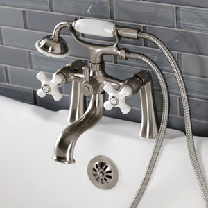 Kingston KS228PXSN Three-Handle 2-Hole Deck Mount Clawfoot Tub Faucet with Hand Shower, Brushed Nickel
