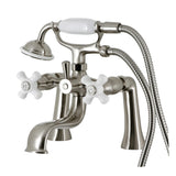 Kingston KS228PXSN Three-Handle 2-Hole Deck Mount Clawfoot Tub Faucet with Hand Shower, Brushed Nickel