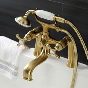 Kingston KS228SB Three-Handle 2-Hole Deck Mount Clawfoot Tub Faucet with Handshower, Brushed Brass