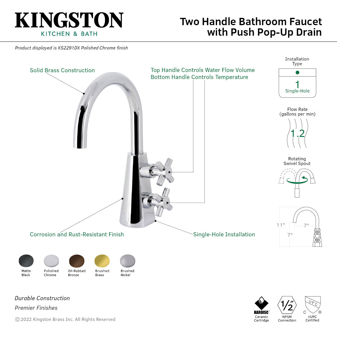 Constantine KS2290DX Two-Handle 1-Hole Deck Mount Bathroom Faucet with Push Pop-Up, Matte Black
