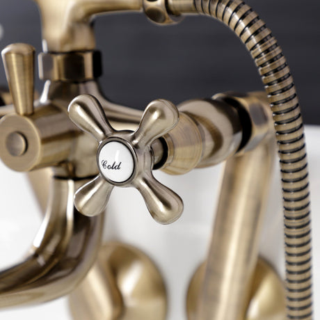 Kingston KS229AB Three-Handle 2-Hole Tub Wall Mount Clawfoot Tub Faucet with Handshower, Antique Brass