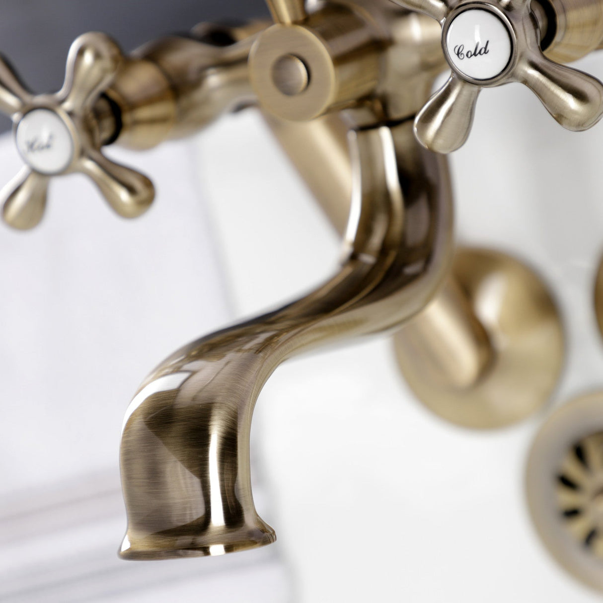 Kingston KS229AB Three-Handle 2-Hole Tub Wall Mount Clawfoot Tub Faucet with Handshower, Antique Brass