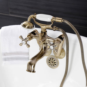 Kingston KS229AB Three-Handle 2-Hole Tub Wall Mount Clawfoot Tub Faucet with Handshower, Antique Brass