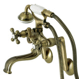 Kingston KS229AB Three-Handle 2-Hole Tub Wall Mount Clawfoot Tub Faucet with Handshower, Antique Brass