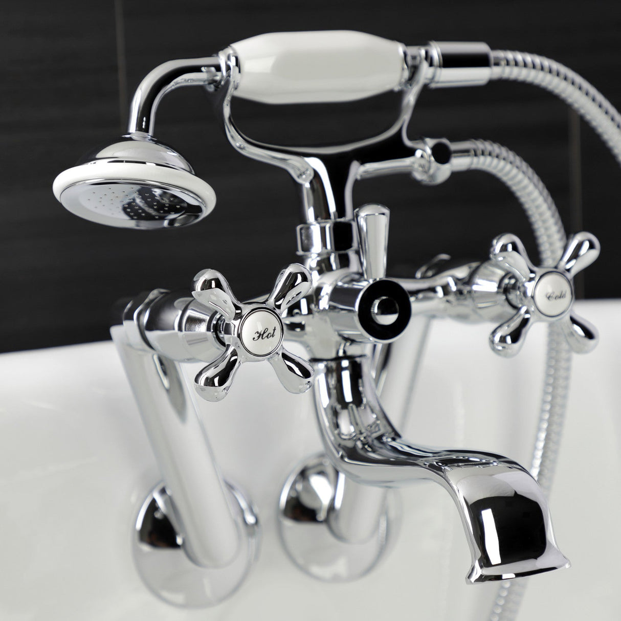 Kingston KS229C Three-Handle 2-Hole Tub Wall Mount Clawfoot Tub Faucet with Handshower, Polished Chrome