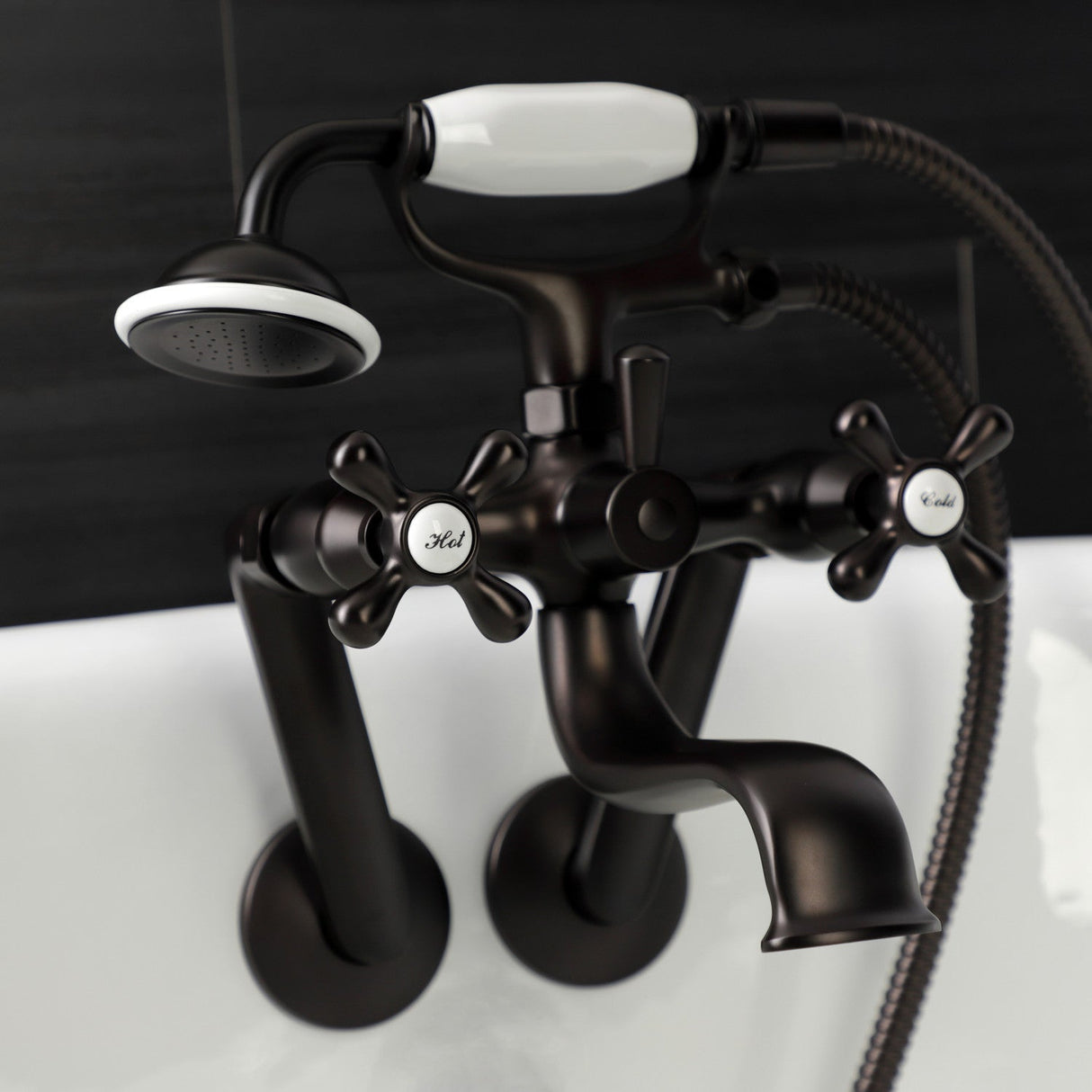 Kingston KS229ORB Three-Handle 2-Hole Tub Wall Mount Clawfoot Tub Faucet with Handshower, Oil Rubbed Bronze