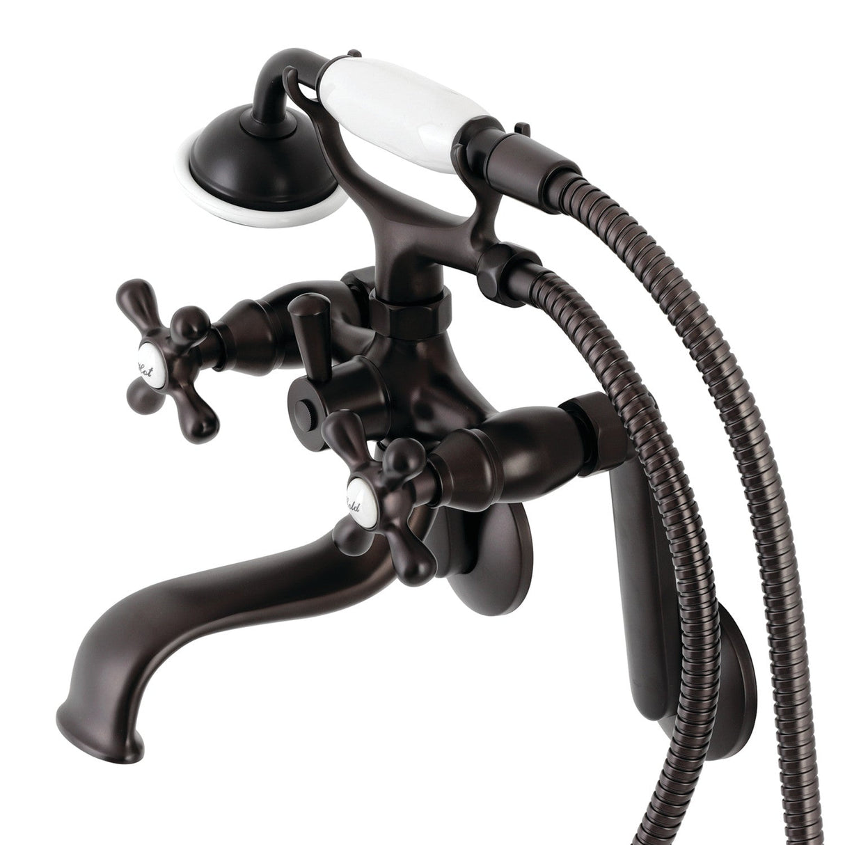 Kingston KS229ORB Three-Handle 2-Hole Tub Wall Mount Clawfoot Tub Faucet with Handshower, Oil Rubbed Bronze
