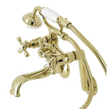 Kingston KS229PB Three-Handle 2-Hole Tub Wall Mount Clawfoot Tub Faucet with Handshower, Polished Brass