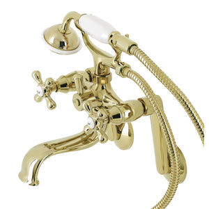 Kingston KS229PB Three-Handle 2-Hole Tub Wall Mount Clawfoot Tub Faucet with Handshower, Polished Brass