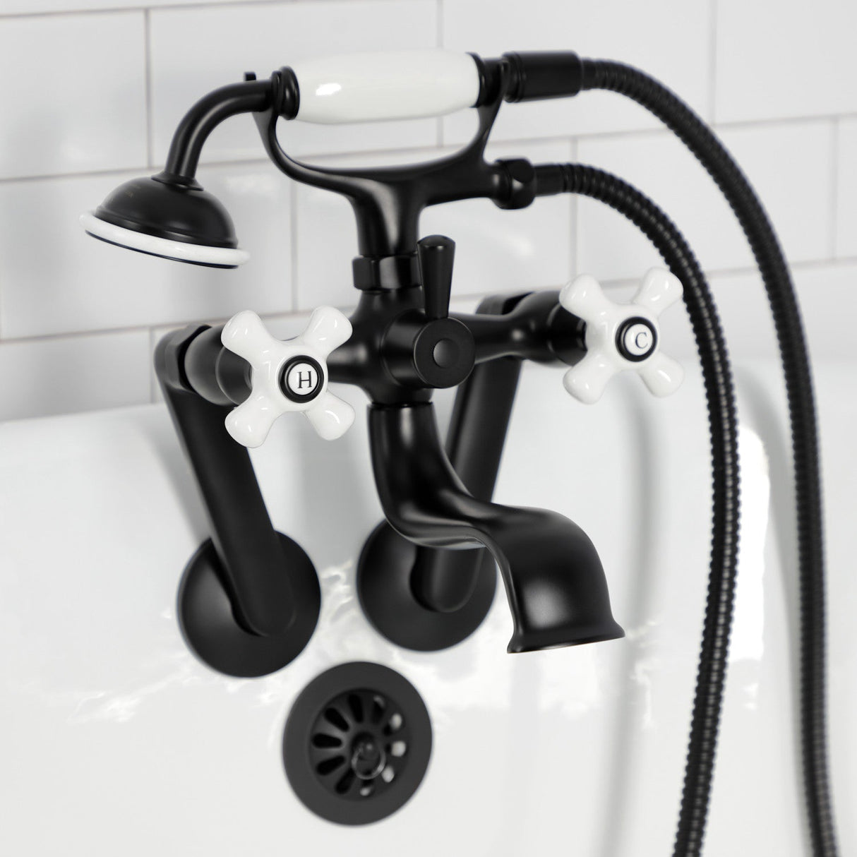 Kingston KS229PXMB Three-Handle 2-Hole Tub Wall Mount Clawfoot Tub Faucet with Hand Shower, Matte Black