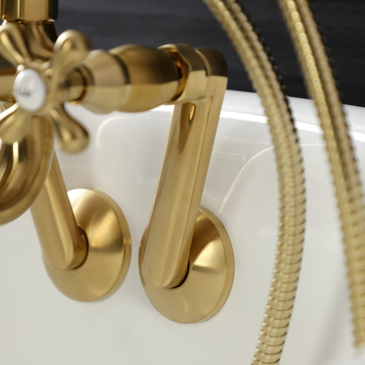 Kingston KS229SB Three-Handle 2-Hole Tub Wall Mount Clawfoot Tub Faucet with Handshower, Brushed Brass