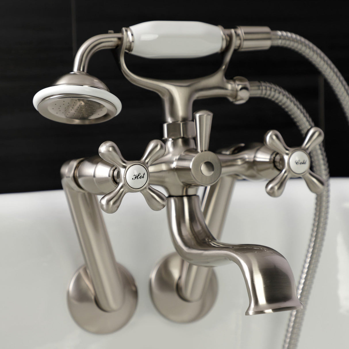 Kingston KS229SN Three-Handle 2-Hole Tub Wall Mount Clawfoot Tub Faucet with Handshower, Brushed Nickel