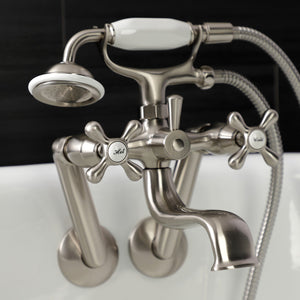 Kingston KS229SN Three-Handle 2-Hole Tub Wall Mount Clawfoot Tub Faucet with Handshower, Brushed Nickel