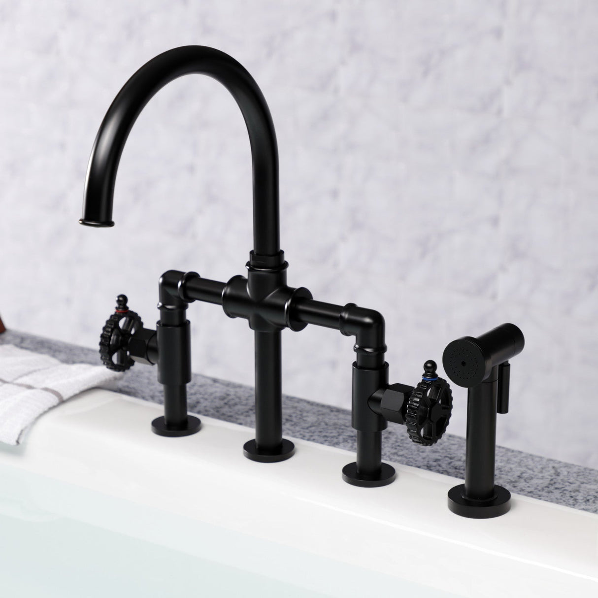 Fuller KS2330CG Two-Handle 4-Hole Deck Mount Bridge Kitchen Faucet with Brass Sprayer, Matte Black