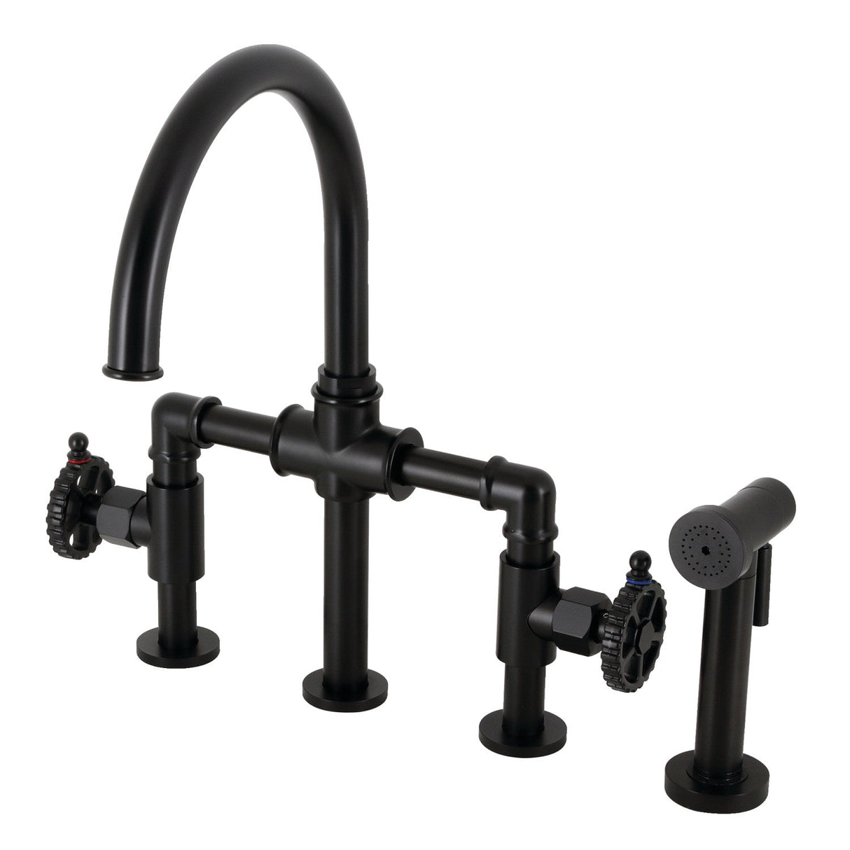 Fuller KS2330CG Two-Handle 4-Hole Deck Mount Bridge Kitchen Faucet with Brass Sprayer, Matte Black