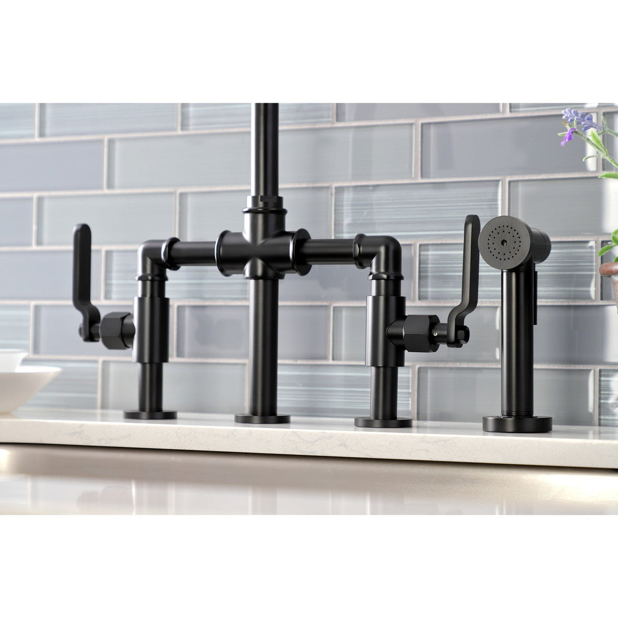 Whitaker KS2330KL Two-Handle 4-Hole Deck Mount Bridge Kitchen Faucet with Brass Sprayer, Matte Black