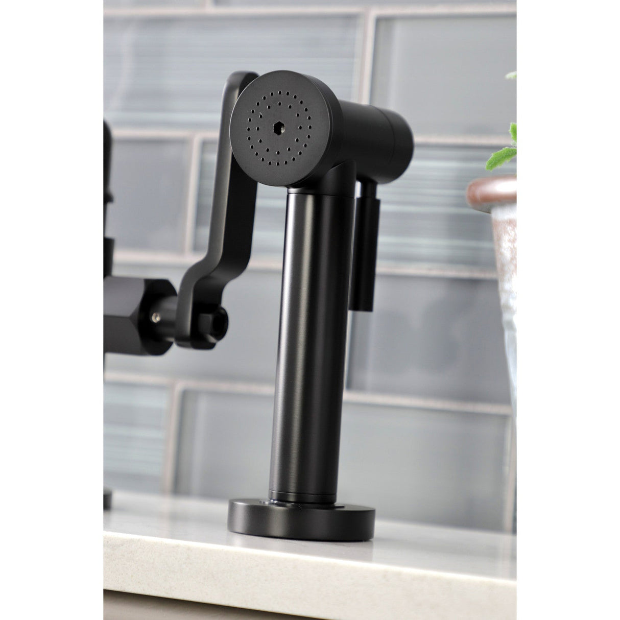 Whitaker KS2330KL Two-Handle 4-Hole Deck Mount Bridge Kitchen Faucet with Brass Sprayer, Matte Black